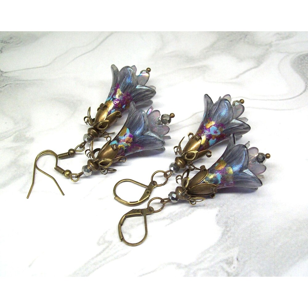 Vintage Style Boho Flower Earrings, Antique Bronze, Hand Painted, Artisan Crafte
